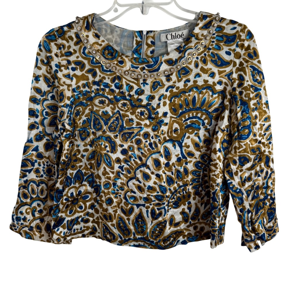 Chloé Made‎ in France Brebis Velvet Burnout Top FR 38 Jeweled Neck Boho Luxe